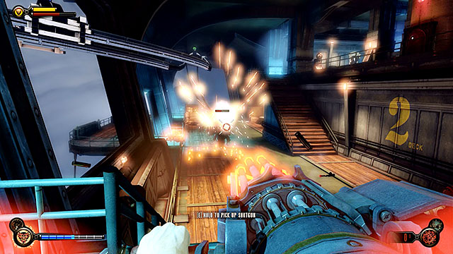 This time the pods are going to be released very slowly and in the meantime you will have to defend yourself against the Vox arriving using barges - Clear the main deck Sky-Line | Chapter 37 - Hangar Deck - Chapter 37 - Hangar Deck - BioShock Infinite Guide