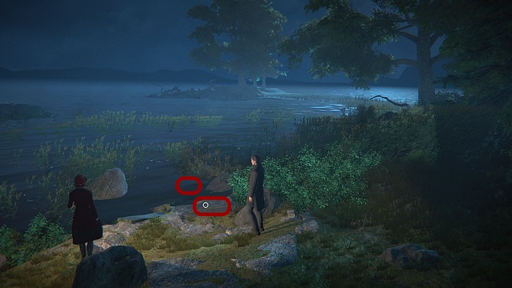 Examine the stones with the runes engraved on them (the interactive point is located in the water) and the rose lying on the plank near the shore (you need to hold the LMB until the circle turns white) - Learn more about the drowned woman | Black Mirror Walkthrough - Chapter 3 - Black Mirror Guide