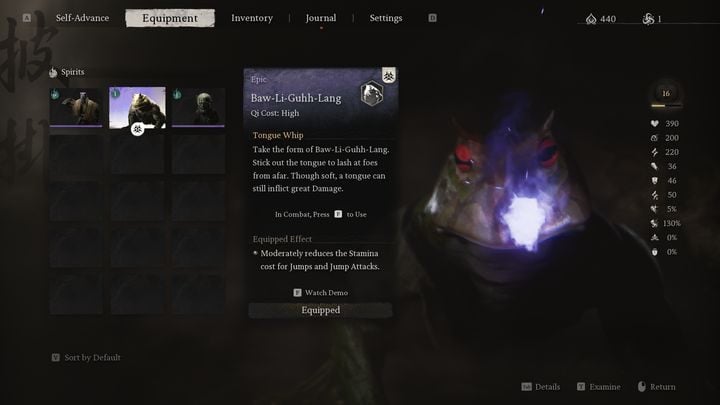 During combat, equipped spirits allow you to temporarily transform into them to gain special abilities and immunity to damage - Black Myth Wukong: How to pick up a bosss spirit? - FAQ - Black Myth Wukong Guide