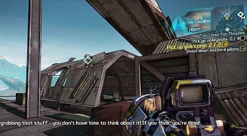 There you will have to collect four Volleyballs and two Gas cans - Too Close For Missiles | The Dust side missions in Borderlands 2 - The Dust - Borderlands 2 Game Guide