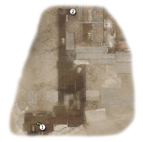 Map legend: 1 - starting area - Chapter 6: Baptism of Fire - SECOND ASSIGNMENT:br Escape from bomb shelter - Chapter 6: Baptism of Fire - Brothers in Arms: Hells Highway - Game Guide and Walkthrough