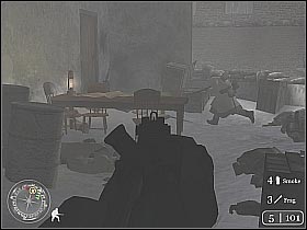 Wait until the enemy tank gets closer to the building you're actually hiding in - Repairing the Wire - Not One Step Backwards! - Call of Duty 2 - Game Guide and Walkthrough