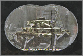 When the vehicle will stop, look again through binoculars and find an enemy hidden behind the barricade on the destroyed floor of the building - Game Guide - Chapter I: Saint Lo - Game Guide - Call of Duty 3 Game Guide