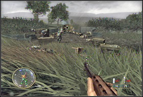 Walk under the lying tree (#1) and eliminating the enemies on the way, continue until the German post - Chapter II: The Island - Game Guide - Call of Duty 3 Game Guide