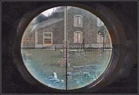When youll kill all enemies and reach the top of the building, pick up a sniper rifle and come near the window (#1) - Chapter II: The Island - Game Guide - Call of Duty 3 Game Guide