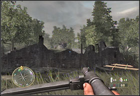 Run to the tree trunk (#1) and using a sniper rifle eliminate the opponents on the hill side on the left - Chapter IX: Laison River - Game Guide - Call of Duty 3 Game Guide