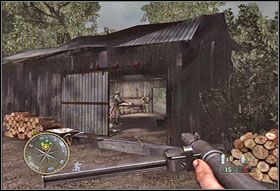 Go round the ruins and following the indications on the compass, hide behind the tractor - Chapter IX: Laison River - Game Guide - Call of Duty 3 Game Guide