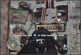 Following the indications on the compass, you will reach a housing, which youll need to guard for a little while (#1) - Chapter X: Crossroads - Game Guide - Call of Duty 3 Game Guide