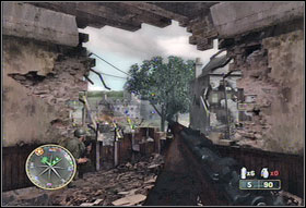 When a tank will arrive, go out the building, then to the left and continue the defensive using cars standing nearby as a shield (#1) - Chapter X: Crossroads - Game Guide - Call of Duty 3 Game Guide