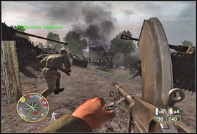 First get in the tank (#1) and using its weapons, destroy the enemy vehicles - Chapter XIII: The Mace - Game Guide - Call of Duty 3 Game Guide