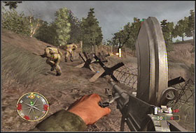 After reaching the field shown on #1, use covers situated on it and kill the enemies - Chapter XIII: The Mace - Game Guide - Call of Duty 3 Game Guide