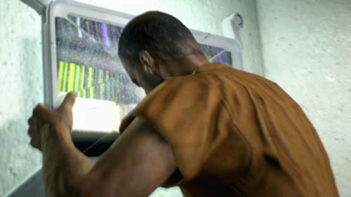 Menendez, watching the show, gets mad and starts banging his head against the screen - Endings - Menendez alive | Decisions, consequences, endings - Decisions, consequences, endings - Call of Duty: Black Ops II Game Guide & Walkthrough