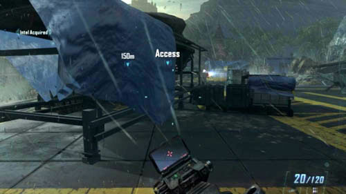 Hold down the sprint button and run up to the second helicopter, covered with a blue sheet (picture above) - Mission 02: CELERIUM | Missions: Walkthrough - Missions: Walkthrough - Call of Duty: Black Ops II Game Guide & Walkthrough