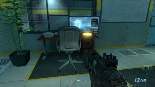 When the hall is empty, get to the stairs and then make a 180-degree turn - Mission 02: CELERIUM | Missions: Walkthrough - Missions: Walkthrough - Call of Duty: Black Ops II Game Guide & Walkthrough