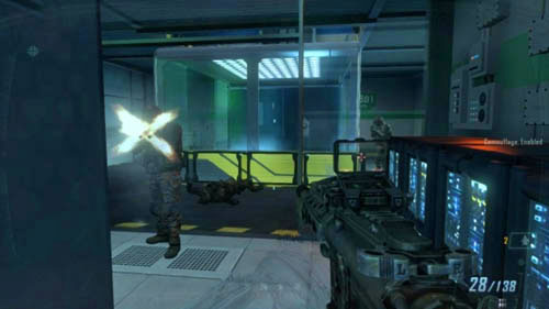 The further way leads to the left, but you can choose whether you want to follow the downstairs or upstairs path - Mission 02: CELERIUM | Missions: Walkthrough - Missions: Walkthrough - Call of Duty: Black Ops II Game Guide & Walkthrough