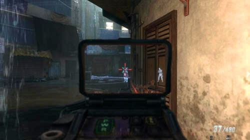 After eliminating the targets on the balconies, hide on the right side of the street, in one of the garages, and then lean out to the left and clear the area around the big gate - Mission 05: FALLEN ANGEL | Missions: Walkthrough - Missions: Walkthrough - Call of Duty: Black Ops II Game Guide & Walkthrough
