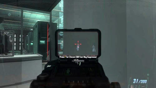 Treat the next two enemies hidden a bit further to the right in the same way (picture above) - the one on the left is standing in the door, the one on the right is behind the desk - Mission 06: KARMA | Missions: Walkthrough - Missions: Walkthrough - Call of Duty: Black Ops II Game Guide & Walkthrough