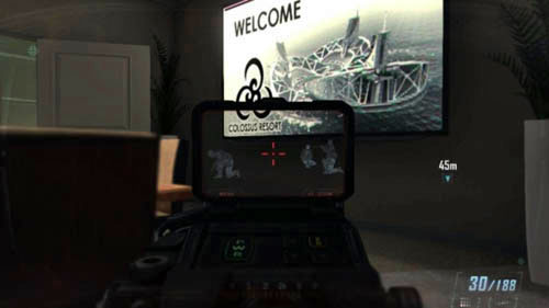 Enter the room on the right and use the scanner to locate enemies - Mission 06: KARMA | Missions: Walkthrough - Missions: Walkthrough - Call of Duty: Black Ops II Game Guide & Walkthrough