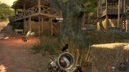 After clearing the first three buildings and the watchtower, and turning left youll see a word Access on the house on the right (picture above) - Mission 04: TIME AND FATE | Missions: Challenges - Missions: Challenges - Call of Duty: Black Ops II Game Guide & Walkthrough