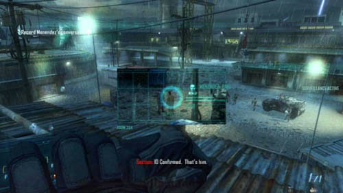 During the first attempt, when you are looking at the courtyard, Menendez, whos wearing a light-colored suit, will get out of one of the three jeeps and after a while he will stand nearby - Mission 05: FALLEN ANGEL | Missions: Challenges - Missions: Challenges - Call of Duty: Black Ops II Game Guide & Walkthrough