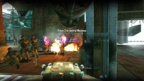 Due to the fact that the survival of your robot is necessary to pass the next challenge, you have to watch out for the soldiers with RPGs in the courtyard, who will shoot rockets at you through the garage door on the left - Mission 05: FALLEN ANGEL | Missions: Challenges - Missions: Challenges - Call of Duty: Black Ops II Game Guide & Walkthrough