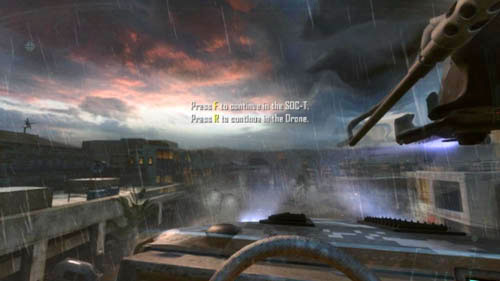 During the escape, at some point you will be able to choose - either you will operate the drone, or remain in the jeep (picture above) - Mission 05: FALLEN ANGEL | Missions: Challenges - Missions: Challenges - Call of Duty: Black Ops II Game Guide & Walkthrough