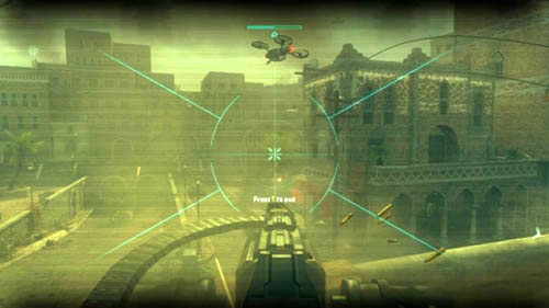 After opening the gate go the only possible way to the balcony, lie down by the turret and press the use button to start shooting - Mission 08: ACHILLES VEIL | Missions: Challenges - Missions: Challenges - Call of Duty: Black Ops II Game Guide & Walkthrough