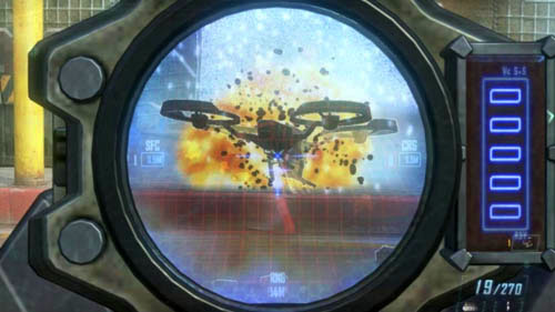 There are a total of two places with quad-drones and in both cases your allies will disturb you, as they, and not you, can destroy both the full-working enemy quad-drones as well as those already turned off - Mission 11: JUDGMENT DAY | Missions: Challenges - Missions: Challenges - Call of Duty: Black Ops II Game Guide & Walkthrough