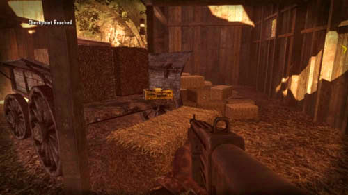 As Menendez, when you go to the stable, look at the cart on the right (first picture above) and take intel (1/3), which is lying on it (second picture above) - Mission 04: TIME AND FATE | Intel - Intel - Call of Duty: Black Ops II Game Guide & Walkthrough