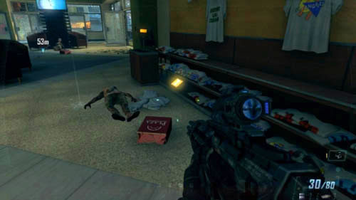 When you go up the stairs in the mall (first picture above), look for a stand with T-shirts with the words WES-S FAVORITE T-SHIRT on the right - Mission 10: CORDIS DIE | Intel - Intel - Call of Duty: Black Ops II Game Guide & Walkthrough