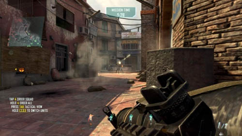 After getting rid of the opponent in (5), go further, sticking to the right wall, take out the rocket launcher and hide behind the low, concrete pillar on the right - Strike Force 04: DISPATCH | Strike Force: Walkthrough - Strike Force: Walkthrough - Call of Duty: Black Ops II Game Guide & Walkthrough