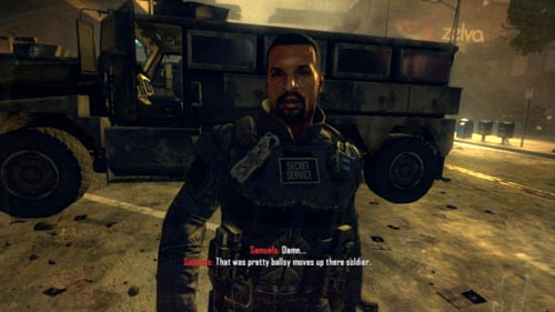 When you get up after the parachute jump and landing, if Harper is alive, hell come to you driving the ambulance, get out and congratulate you using a strong language (first picture above) - Mission 10 - CORDIS DIE | Decisions, consequences, endings - Decisions, consequences, endings - Call of Duty: Black Ops II Game Guide & Walkthrough