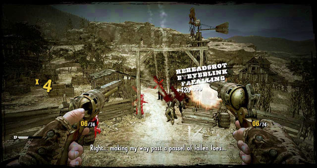 While in mid-air, press the left mouse button and your gunslinger will automatically aim at and kill enemies - Episode 1 - Once Upon a Time in Stinking Springs - Walkthrough - Call of Juarez: Gunslinger - Game Guide and Walkthrough