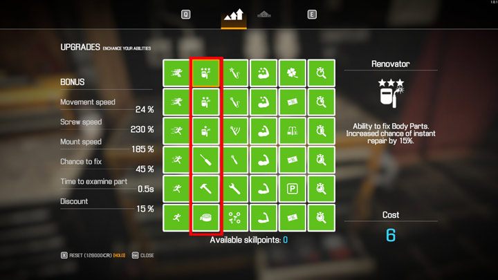 As you develop your character's skills, focus on the Renovator ability, which allows you to repair new types of parts - Car Mechanic Simulator 2021: Beginners Guide - Basics - Car Mechanic Simulator 2021 - game guide