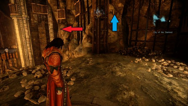 The red arrow leads to the wolf, the blue one to the keyhole for the Dungeon Key - Mission 2 - The Three Gorgons - The Main Campaign - walkthrough - Castlevania: Lords of Shadow 2 - Game Guide and Walkthrough