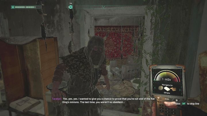 When the conversation ends, and the apartment starts to burn, move the white cabinet in the room to leave Tarkans hideout - this will end the mission - Chernobylite: Mysterious Informator - walkthrough - Main missions - Chernobylite Guide