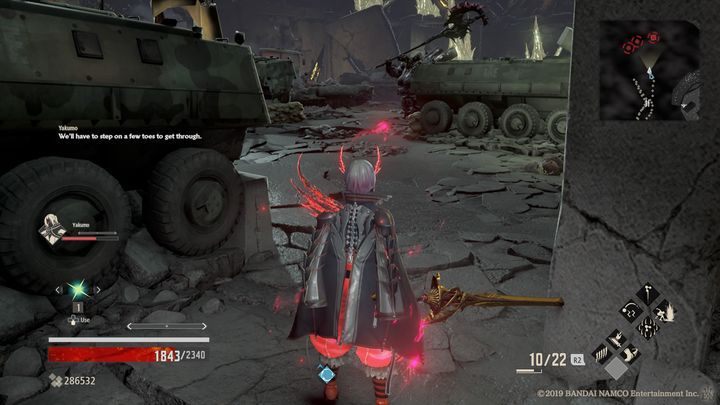 At the armored vehicles there are more enemies - two ranged units on the left and one Lost equipped with an axe on the right - Provisional Government Outskirts | Code Vein Walkthrough - Area K-11 - Code Vein Guide