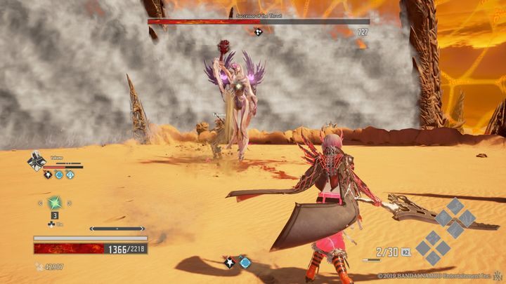 In the second phase, the boss can use new attacks such as a sandstorm, which is signaled by red hands of the boss - Successor of the Throat | Boss in Code Vein - Bosses - Code Vein Guide