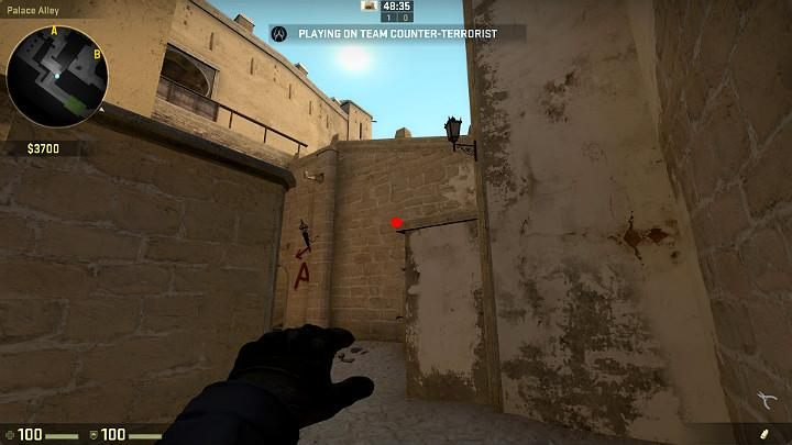 Stand sideways in the door and aim at the spot shown on the above screenshot - Mirage | Tournament maps in CS GO - Tournament Maps in Counter Strike: Global Offensive - CS GO Game Guide