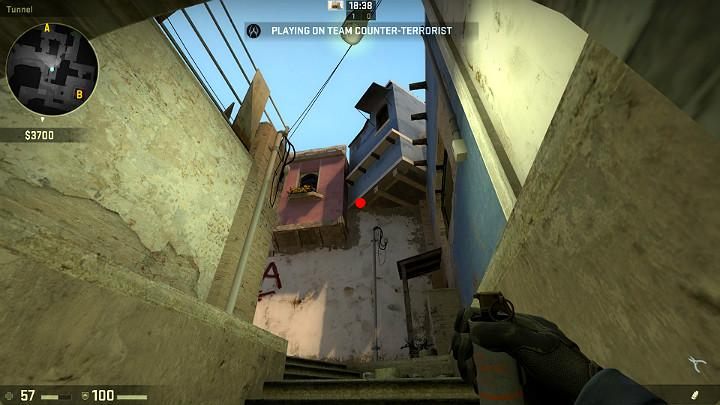 Stand right next to the wall and aim at the point shown on the above screenshot - Mirage | Tournament maps in CS GO - Tournament Maps in Counter Strike: Global Offensive - CS GO Game Guide