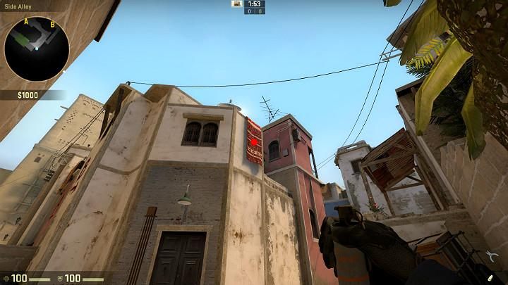 Stand in the corner of the building and aim at the point shown in the above screenshot - Mirage | Tournament maps in CS GO - Tournament Maps in Counter Strike: Global Offensive - CS GO Game Guide