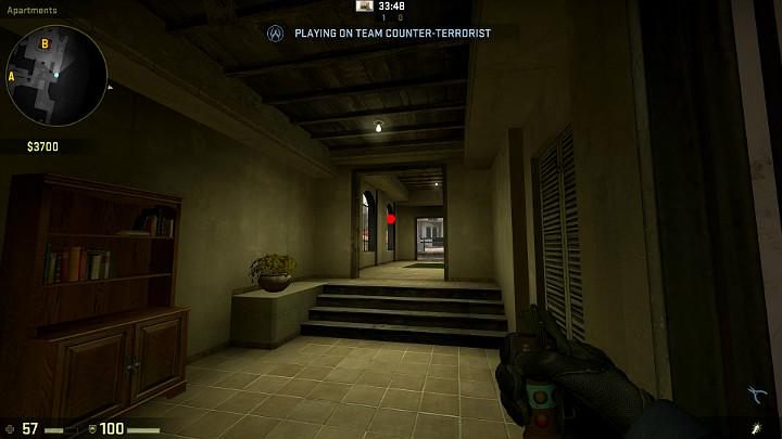 While crossing the corridor towards the B planting point, you can aim at the point shown in the above screenshot, remove the pin with LMB and throw the grenade while running - Mirage | Tournament maps in CS GO - Tournament Maps in Counter Strike: Global Offensive - CS GO Game Guide
