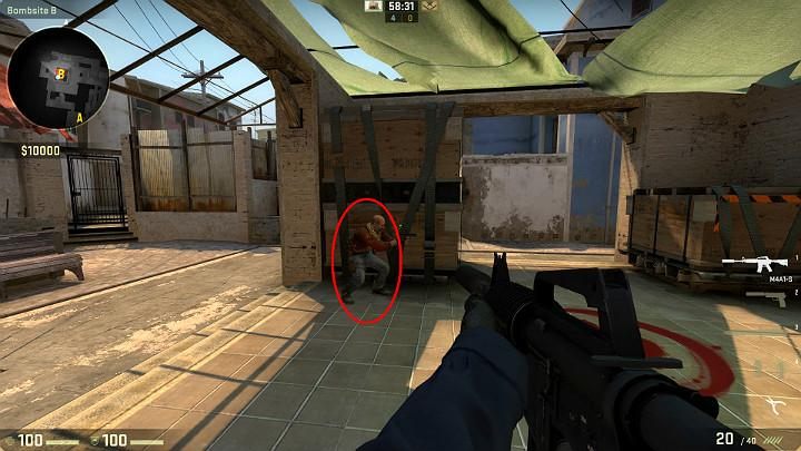 While in the planting spot B, you can ask a teammate to crouch in the above spot, thanks to which you can jump onto his shoulders - Mirage | Tournament maps in CS GO - Tournament Maps in Counter Strike: Global Offensive - CS GO Game Guide