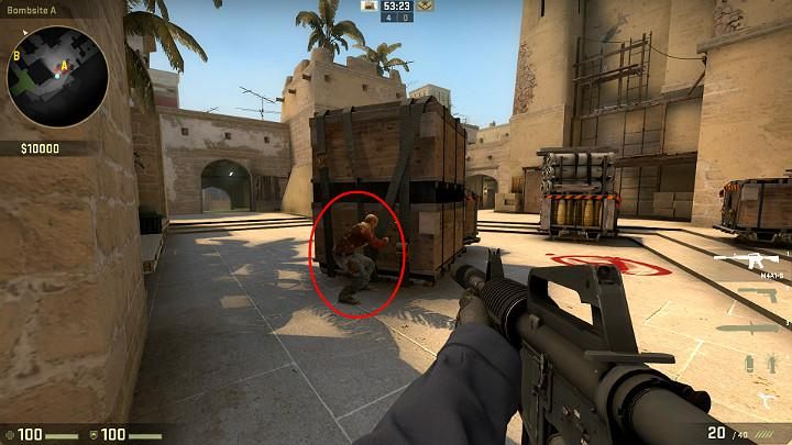 While in point A, ask a teammate to crouch in the marked position and jump onto his shoulders - Mirage | Tournament maps in CS GO - Tournament Maps in Counter Strike: Global Offensive - CS GO Game Guide