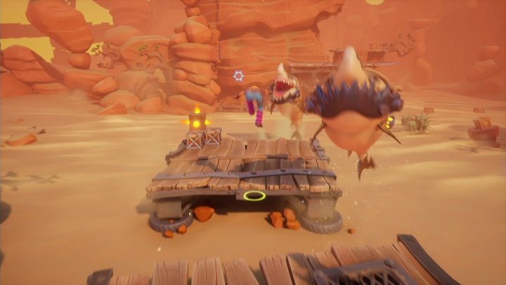 At the beginning, you'll see trained sharks, which synchronously jump out of the water - Crash 4: Truck Stopped walkthrough - The Hazardous Wasted, 2084 - Crash 4 Guide, Walkthrough