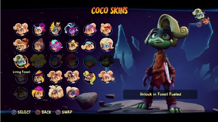 How to unlock: get 8 diamonds in Fossil Fueled - Crash 4: Coco skins - list, how to unlock? - Heroes skins - Crash 4 Guide, Walkthrough