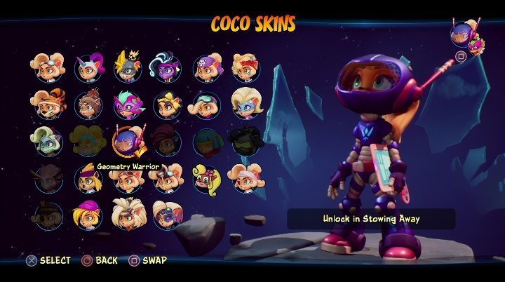 How to unlock: get 9 diamonds in Stowaway - Crash 4: Coco skins - list, how to unlock? - Heroes skins - Crash 4 Guide, Walkthrough