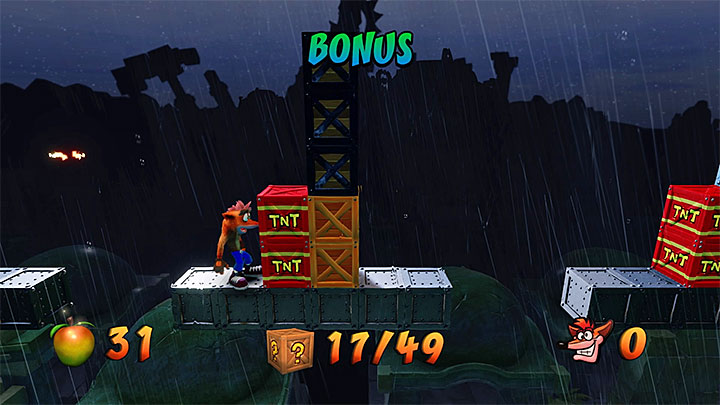 If youve managed to return to the main path, activate the checkpoint and wait for a right moment to jump to the neighboring ledge, as the area is guarded by two fire totems - Crash Bandicoot N. Sane Trilogy: Ruination - Crash Bandicoot N. Sane Trilogy: Crash Bandicoot 2 - Alpine Warp Room - Crash Bandicoot N. Sane Trilogy Game Guide