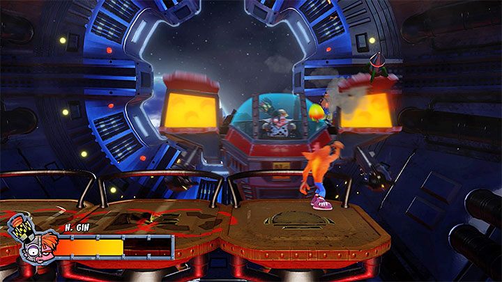 In the second phase of the fight, Nitrus Gin relies on rocket attacks but they are easy to dodge - Crash Bandicoot N. Sane Trilogy: Mech Wrecked - Crash Bandicoot N. Sane Trilogy: Crash Bandicoot 2 Cortex Strikes Back - Crash Bandicoot N. Sane Trilogy Game Guide