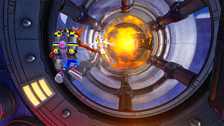 Avoid red obstacles and reach the place in which you can encounter a scientist with a jet pack, presented in the picture - Crash Bandicoot N. Sane Trilogy: Rock It - Crash Bandicoot N. Sane Trilogy: Crash Bandicoot 2 - High-Tech Warp Room - Crash Bandicoot N. Sane Trilogy Game Guide